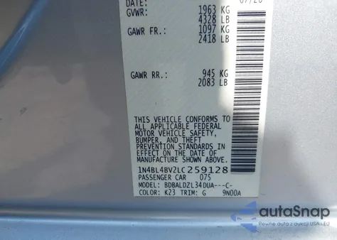 2020 Nissan Altima S Fwd из США, поврежденный, VIN 1N4BL4BV2LC259128